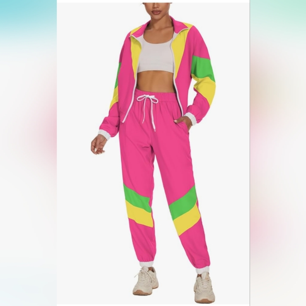 UOUA Women's Color Block 2 Piece 80s 90s Outfits Long Sleeve Windbreaker Jacket